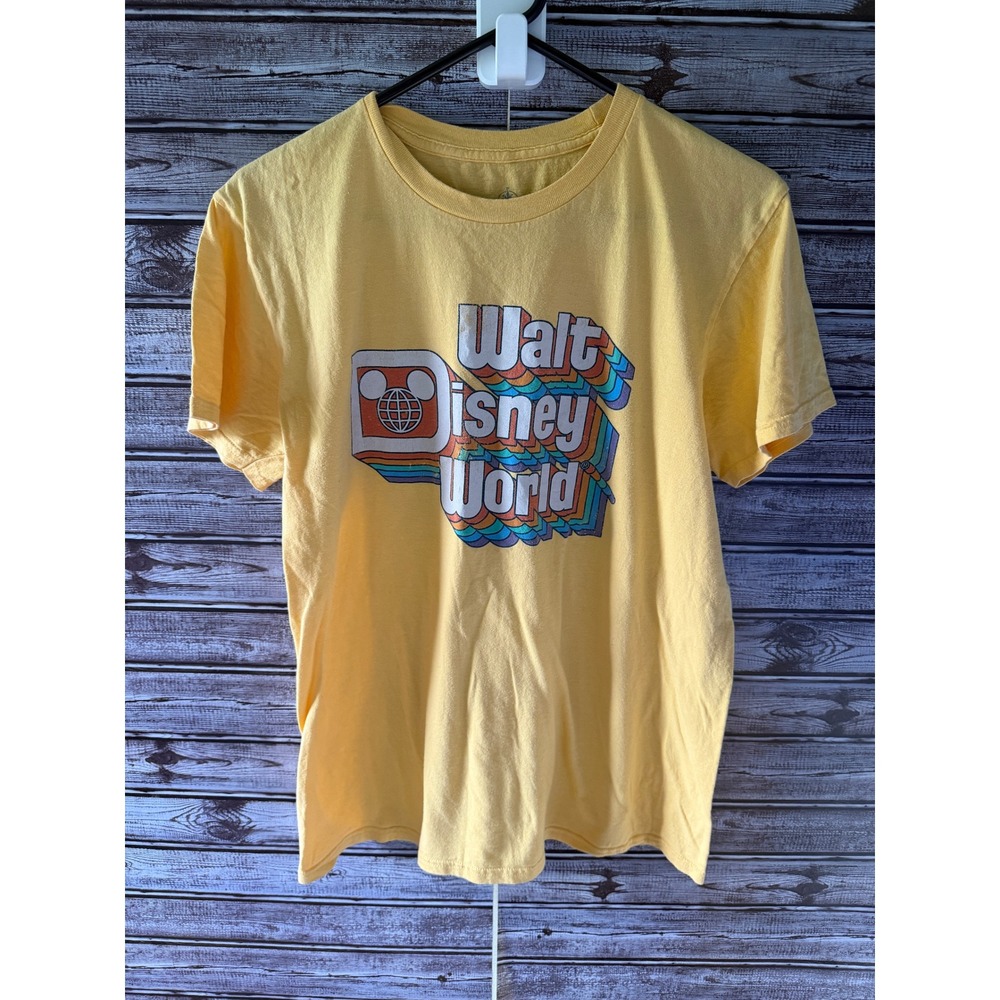 Disney Women's Walt Disney World Retro Rainbow Logo Graphic Tee Size M Yellow